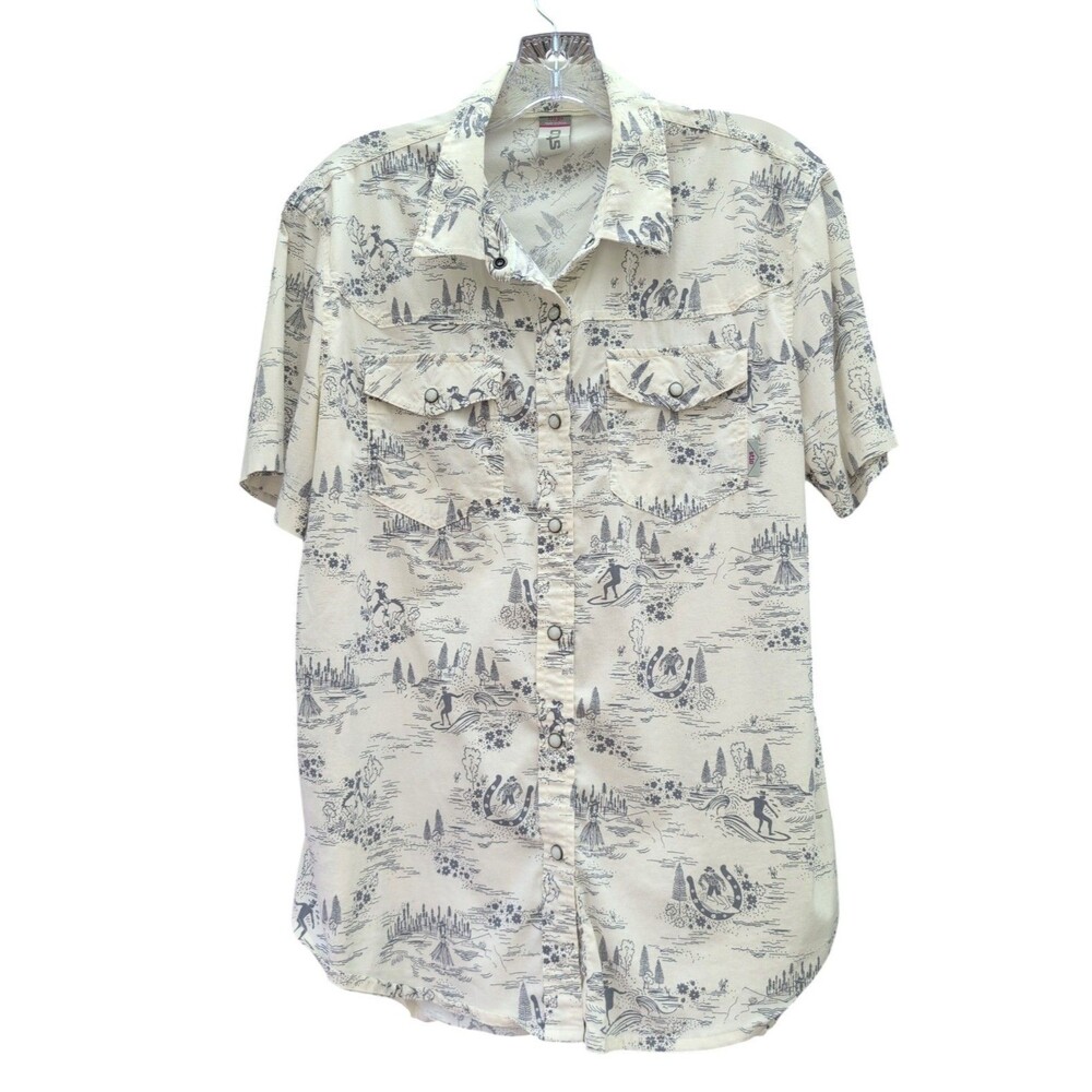 Stio Western Pearl Snap Short Sleeve Shirt Mens L Cream Cowboy Horse Toile Print
